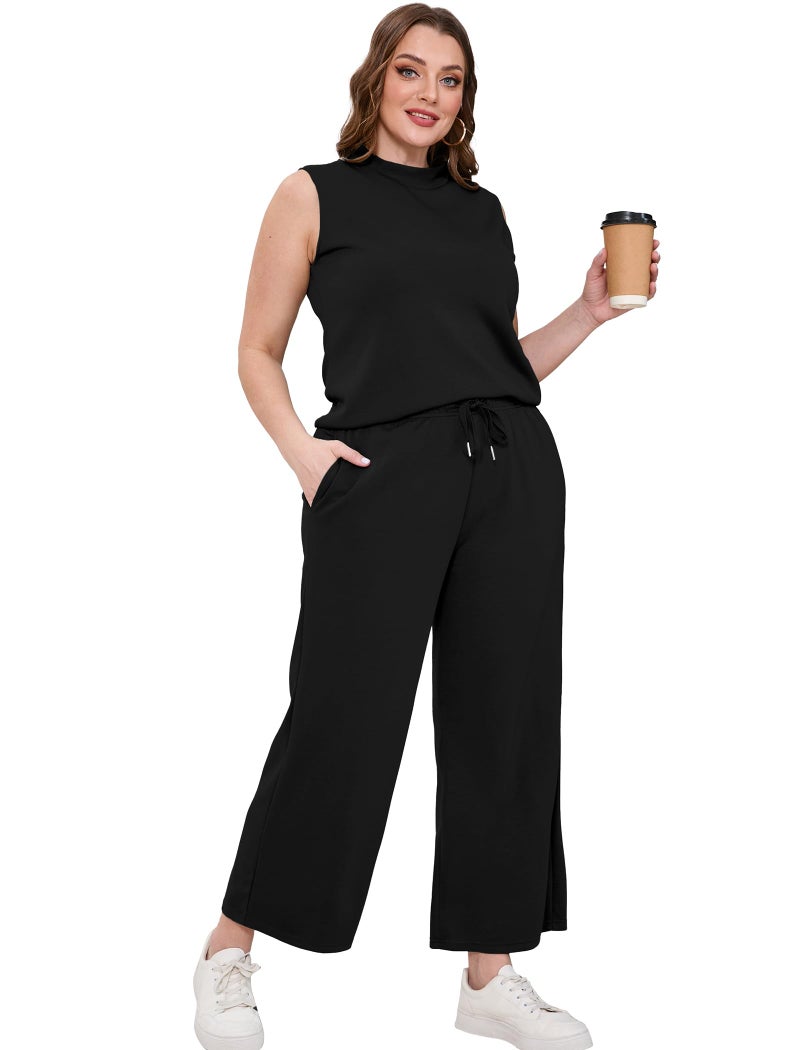 Sampeel Two Piece Set for Women Casual Lounge Sets Summer Outfits Matching Sets Women Clothing Business Casual Vacation Travel Outfits Wide Leg Crop Pants Mock Neck Tops Set Black 2025 M - Image 4