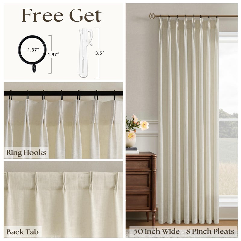 Seeluck Pinch Pleated Linen Curtains 108 Inches Long for Living Room Tan Beige Double Pleated Drapes Hooks Rings Back Tab Farmhouse Ceiling Floor 108 Inch Window Curtains Bedroom Neutral Flax Linen 1 Panel - Image 3