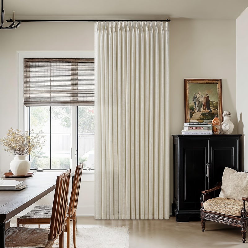 Seeluck Pinch Pleated Linen Curtains 108 Inches Long for Living Room Tan Beige Double Pleated Drapes Hooks Rings Back Tab Farmhouse Ceiling Floor 108 Inch Window Curtains Bedroom Neutral Flax Linen 1 Panel - Image 1