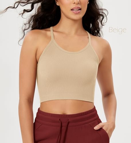 ODODOS Women's Crop Camisole 3-Pack Washed Seamless Rib-Knit Crop Tank Tops, Beige Coral Teal, X-Small/Small - Image 2