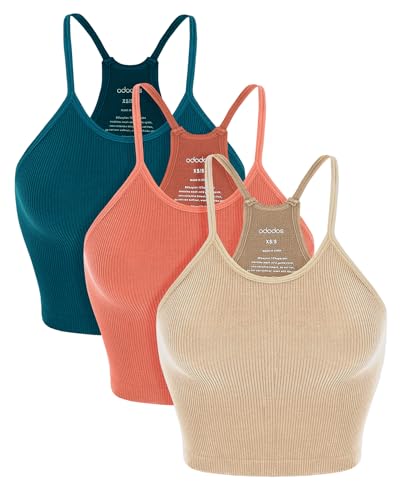 ODODOS Women's Crop Camisole 3-Pack Washed Seamless Rib-Knit Crop Tank Tops, Beige Coral Teal, X-Small/Small - Image 1