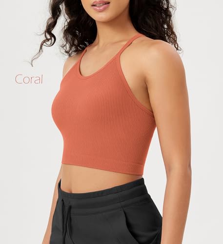 ODODOS Women's Crop Camisole 3-Pack Washed Seamless Rib-Knit Crop Tank Tops, Beige Coral Teal, X-Small/Small - Image 3