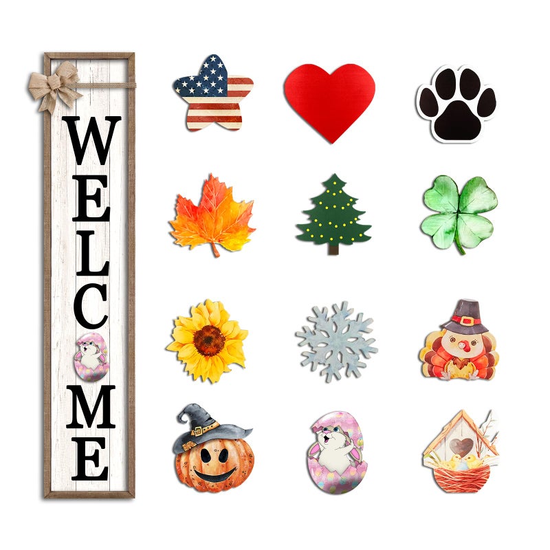 Surfapans Interchangeable Welcome Sign for Front Porch Standing 45"X9" Large with 12 Pcs Replaceable Icons Outdoor Decorations Frame Tall Vertical Outside Farmhouse Rustic Door Decor (Wood) - Image 1