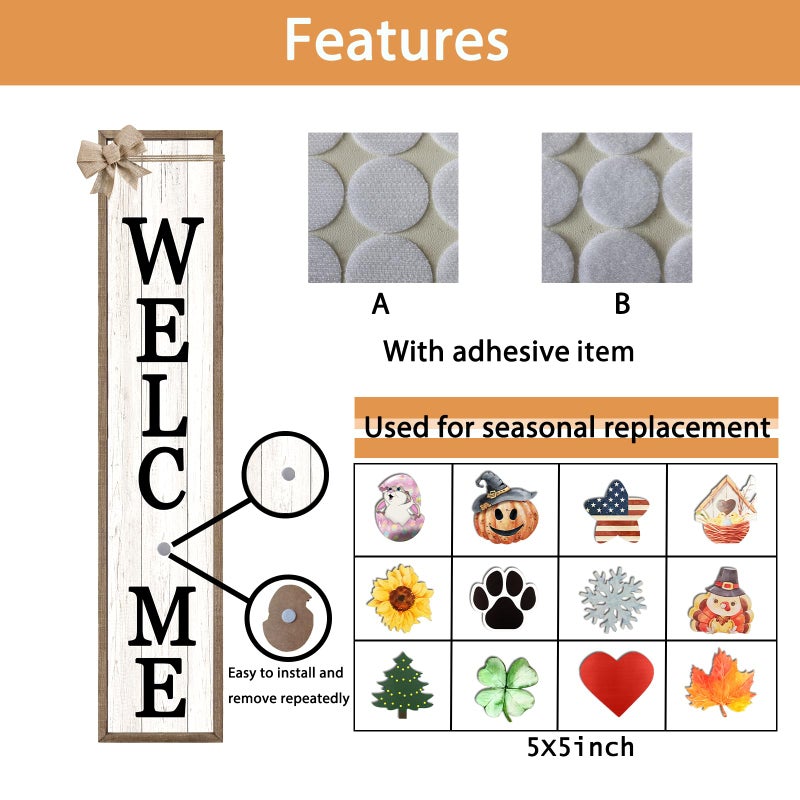 Surfapans Interchangeable Welcome Sign for Front Porch Standing 45"X9" Large with 12 Pcs Replaceable Icons Outdoor Decorations Frame Tall Vertical Outside Farmhouse Rustic Door Decor (Wood) - Image 4