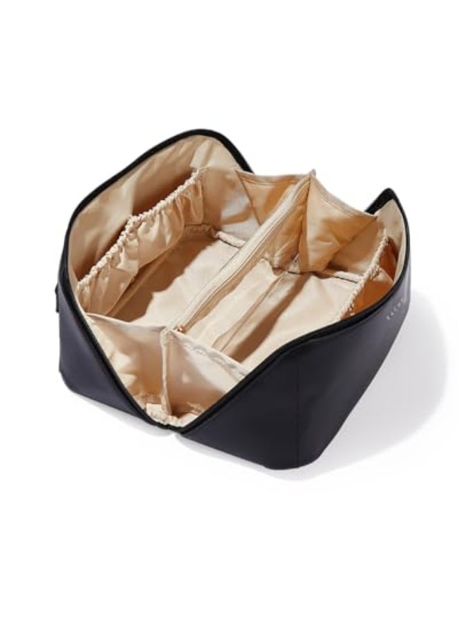 EACHY Travel Makeup BagLarge Capacity Cosmetic Bags for WomenWaterproof Portable Pouch Open Flat Toiletry Bag Make up Bag with Divider and Handle Gifts for Women Black Medium - Image 1
