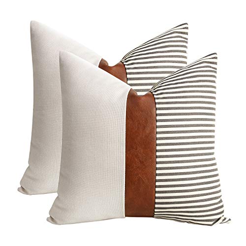 cygnus Set of 2 Farmhouse Decor Stripe Patchwork Linen Throw Pillow Covers,Modern Tan Faux Leather Accent Pillow Covers 18x18 inch, Gray - Image 1