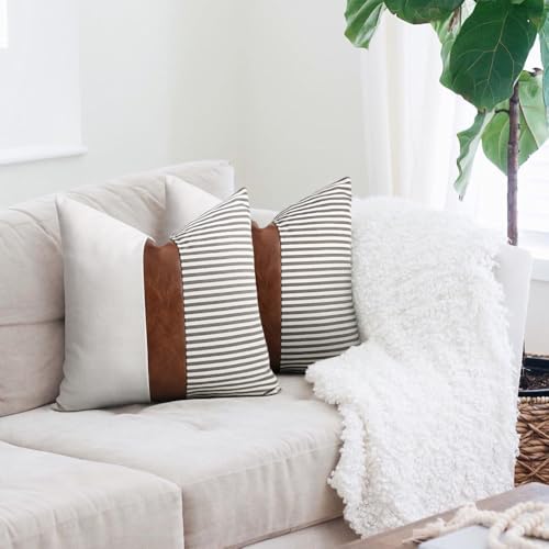 cygnus Set of 2 Farmhouse Decor Stripe Patchwork Linen Throw Pillow Covers,Modern Tan Faux Leather Accent Pillow Covers 18x18 inch, Gray - Image 3
