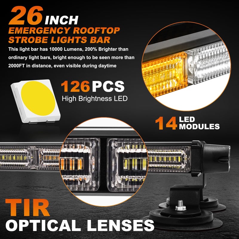 ASPL 26inch 126 LED Rooftop Emergency Strobe Lights Bar Double Side Flashing Safety Warning Traffic Advisor Light Bar Hazard Snow Plow Light for Trucks Vehicles Construction Tow Pickup(Amber/White) - Image 2