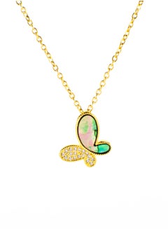 Zirconic Butterfly Abalone Shell Enamel Stainless Steel Pendant Necklace