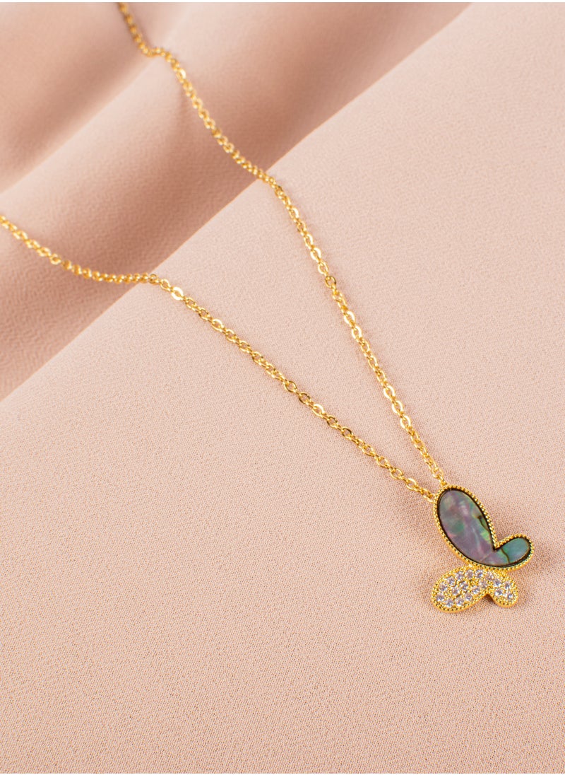 The Black Pearl Accessories - Zirconic Butterfly Abalone Shell Enamel Stainless Steel Pendant Necklace - Image 1
