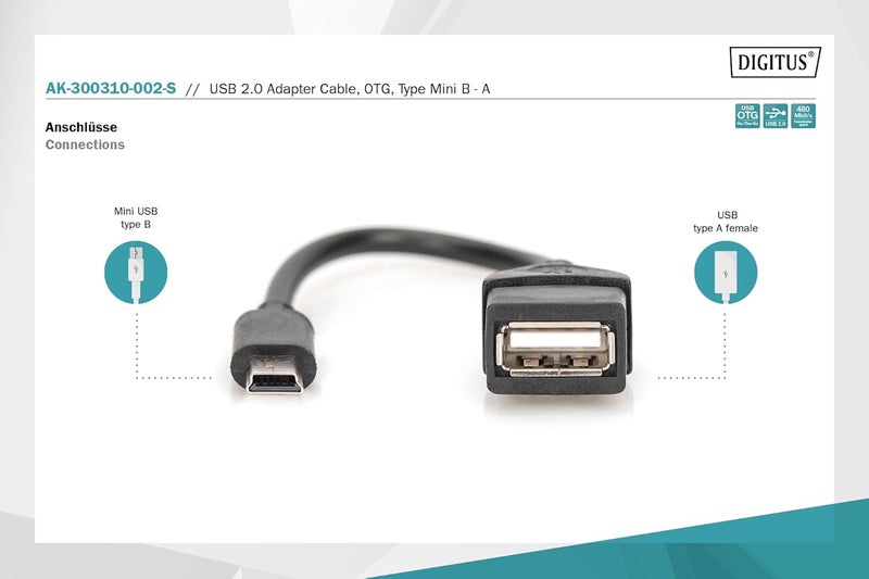 DIGITUS Assmann Electronic UL 0.2m USB 2.0 OTG Male to Female Adapter Cable - Black - Image 2