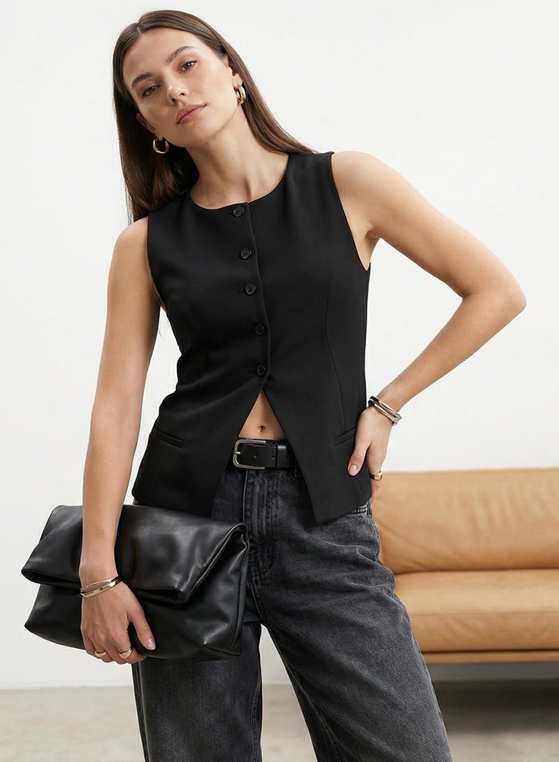 trendyol Black Flannel Pocket Detailed Buttoned Regular Knitted Blouse Vest - Image 1