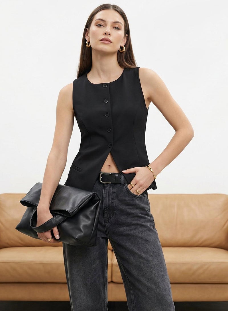 trendyol Black Flannel Pocket Detailed Buttoned Regular Knitted Blouse Vest - Image 2