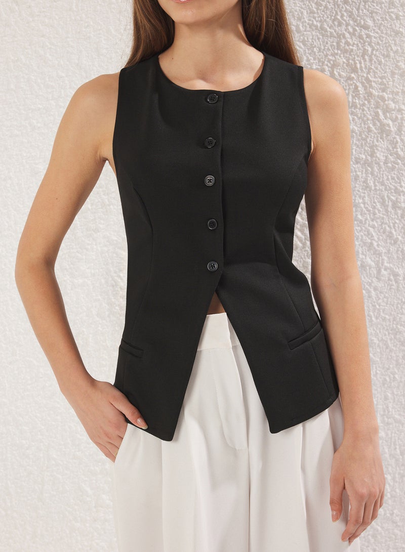 trendyol Black Flannel Pocket Detailed Buttoned Regular Knitted Blouse Vest - Image 5