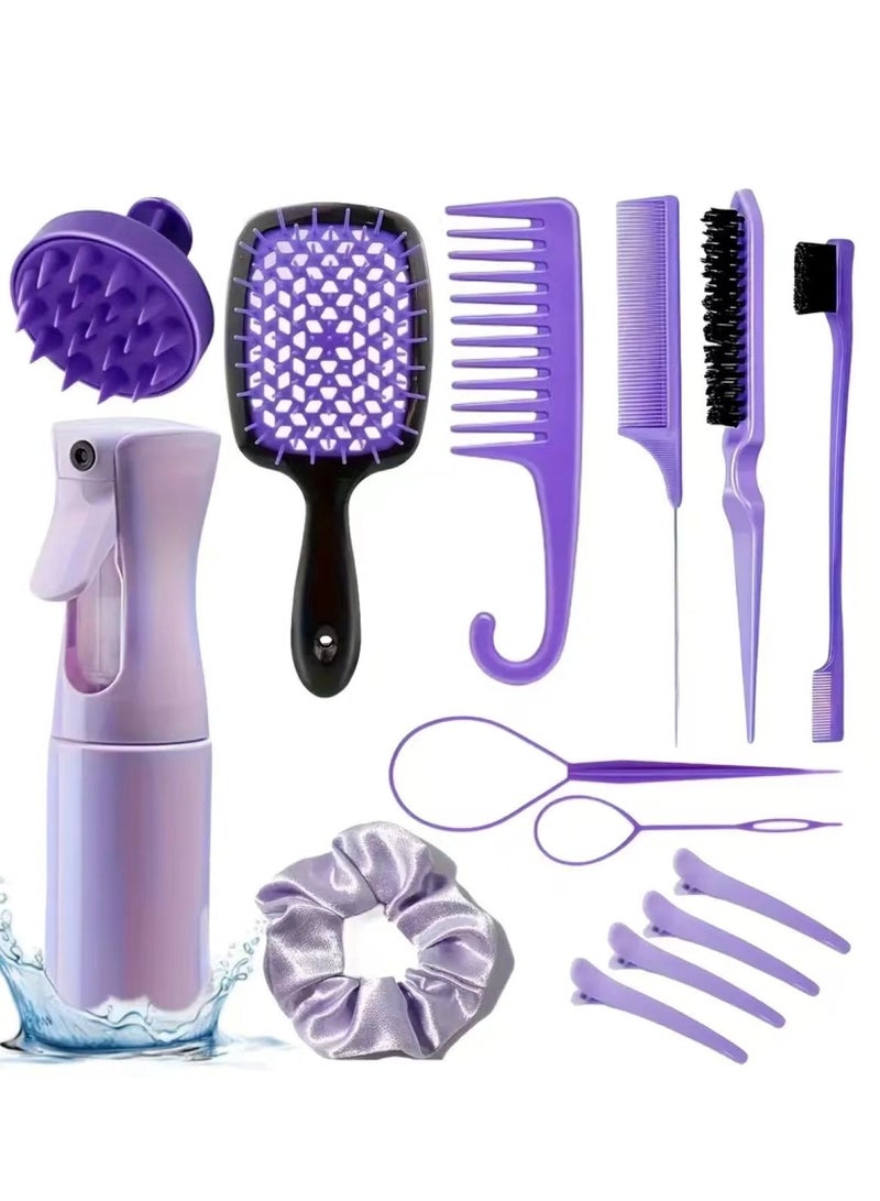 Laseta Purple 14-piece Hair Comb Set Sharp Tail Comb Wide Tooth Comb Multi-functional Makeup Comb Eyebrow Brush High Pressure Watering Can Hair Clips - Image 1
