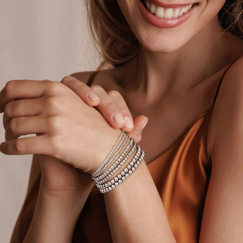 adoyi Silver Bracelets for Women, 14K Gold Plated Stackable Bead Ball Bracelet stack Set Trendy Adjustable Non Tarnish Jewelry Sets for Womens Gifts - Image 2