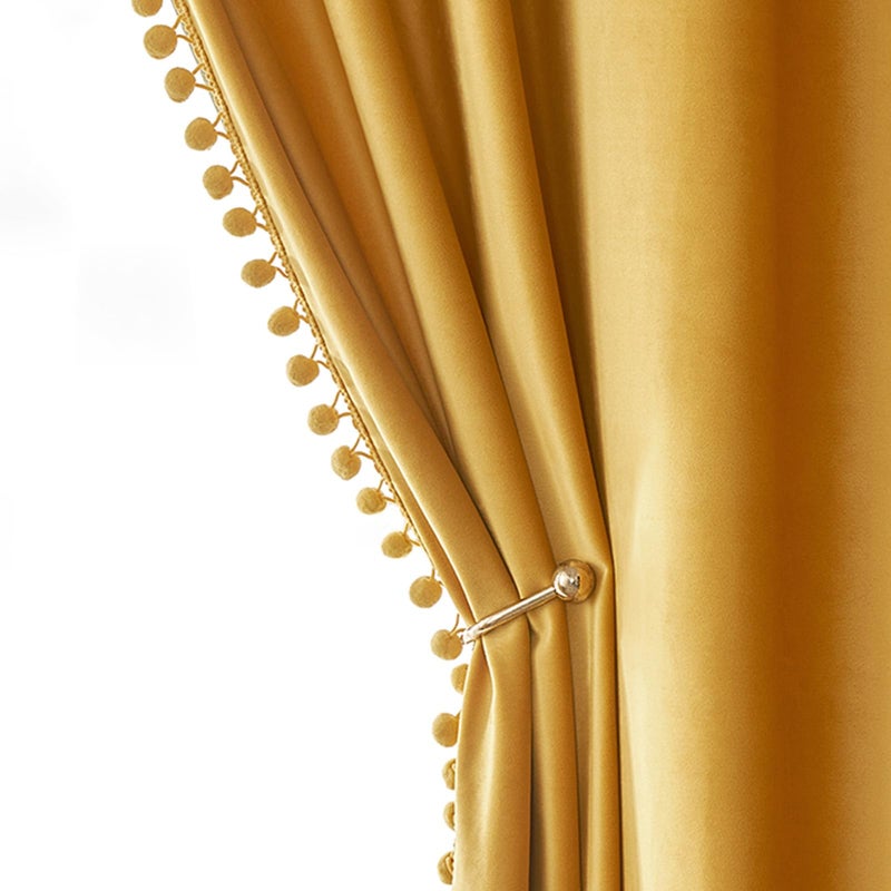 MIULEE MIULEE Mustard Yellow Pom Pom Velvet Curtains for BedroomLiving Room Darkening Fall Thermal Insulating 63 Inches Long Blackout Curtains with Rod Pocket for Kid RoomNurseryHome Theater Set of 2 