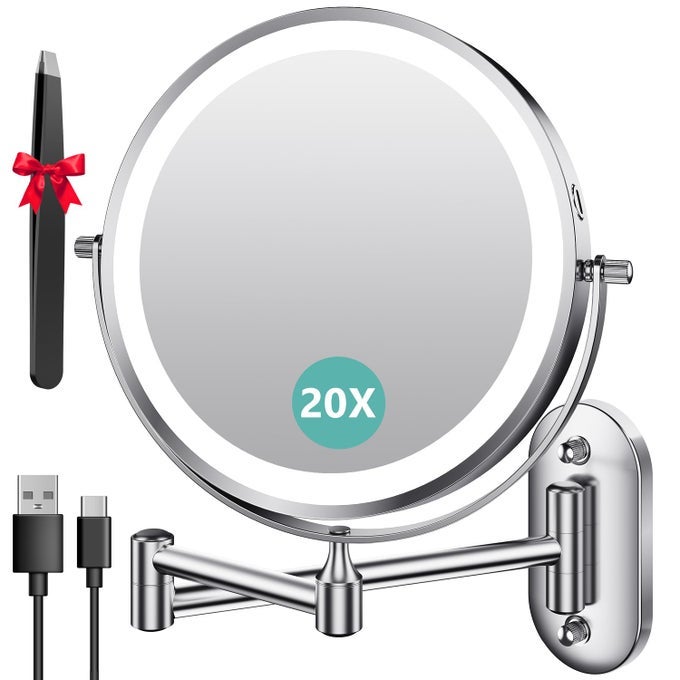 1X20X WALL MOUNTED MAKEUP MIRROR WITH LIGHT 8 RECHARGEABLE DOUBLESIDED MAGNIFYING MIRROR VANITY MIRROR DIMMABLE 3 COLOR LIGHT 360 EXTENSION ROTATION FOLDABLE 145 INCH ARM CHROME