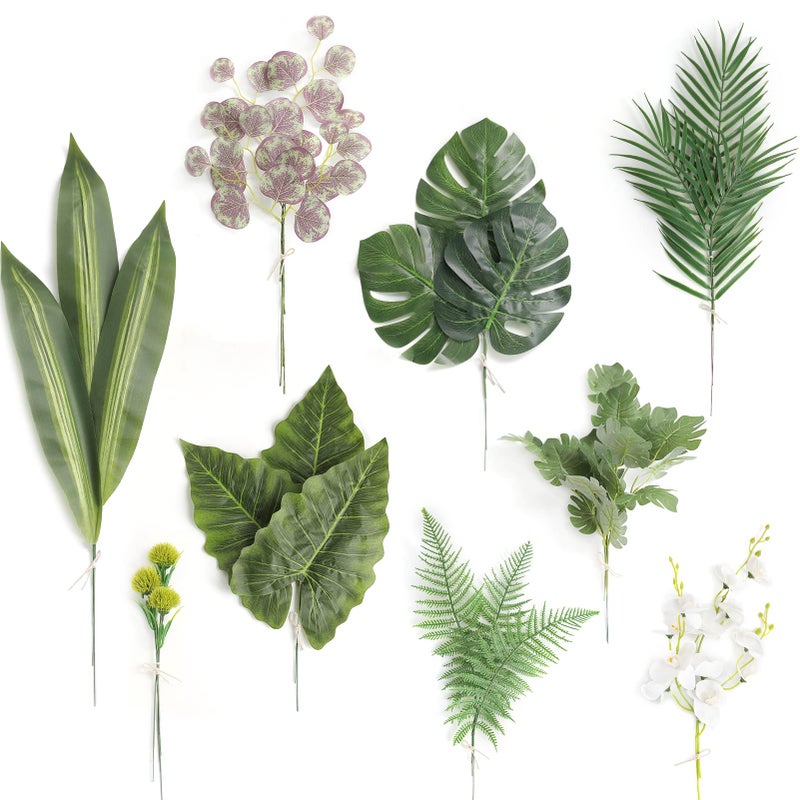 Serra Flora Serra Flora Artificial Greenery Spray Box SetPack of 30pcs with 9 Kinds of Filler for Safari Jungle Hawaiian Luau Party Table Decoration Wedding Birthday Theme Party Decorations Palm Leaves 