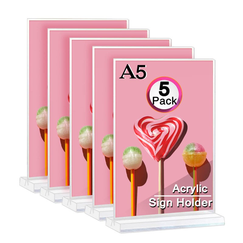 BEST MEDIA A5 Acrylic T-Shape Sign Holder, a Transparent Double Sided Table Top Display Stand that is perfect for professional Menu Display- A5 Size - Standard - 5 Pack - Transparent