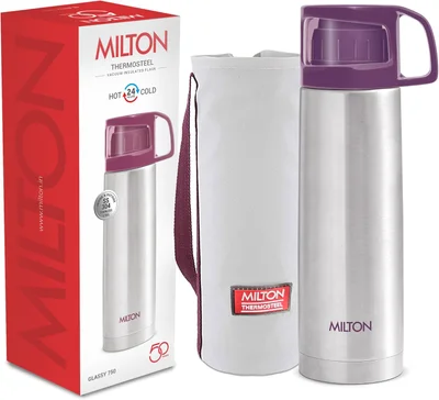 Milton Milton Glassy 750 Thermosteel 24 Hours Hot and Cold Water Bottle with Drinking Cup Lid, 750 ml, Purple | Leak Proof | Office Bottle | Gym Bottle | Home | Kitchen | Hiking | Trekking | Travel Bottle Purple