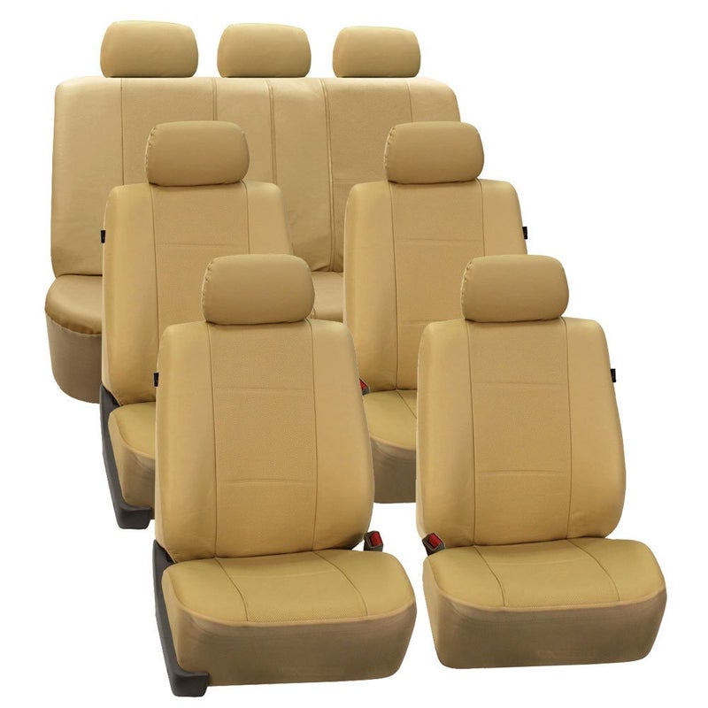 FH Group Three Row Car Seat Covers Deluxe Leatherette with 7 Seater Airbag Compatible and Rear Split Bench Universal Fit for Cars Trucks  SUVs Beige