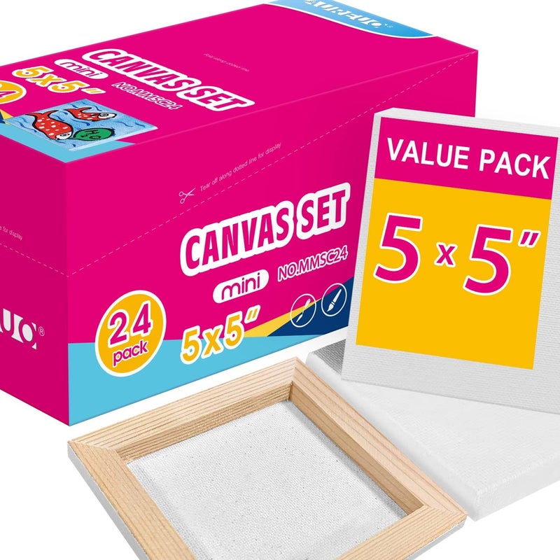 AUREUO Mini Stretched Canvas - 5x5 Inch/24 Pack - 2/5 Inch Profile Small Square Canvas - Gift Set Bulk Pack Canvases for Acrylic Painting & Craft - Image 1