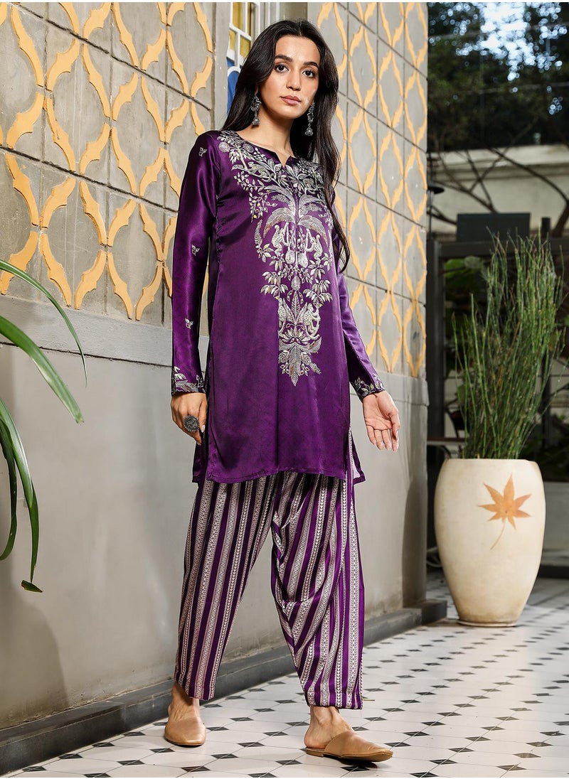 QISSA Qissa Women's Violet Ethnic Wilderness Kurti With Trousers & Dupatta For Casual Wear | Portrait Neck | Long Sleeve | 3 Piece Kurta Set Designed With Comfort Fit For Everyday Ethnic Wear  - Image 3