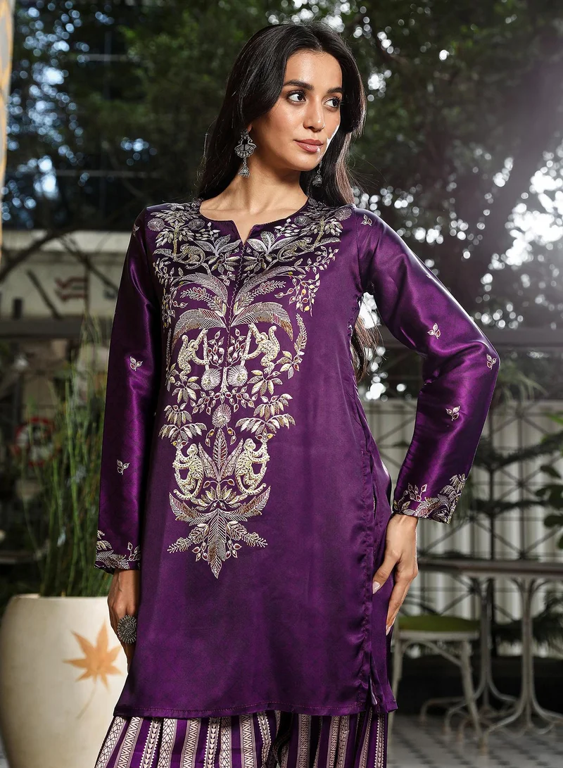 QISSA Qissa Women's Violet Ethnic Wilderness Kurti With Trousers & Dupatta For Casual Wear | Portrait Neck | Long Sleeve | 3 Piece Kurta Set Designed With Comfort Fit For Everyday Ethnic Wear
