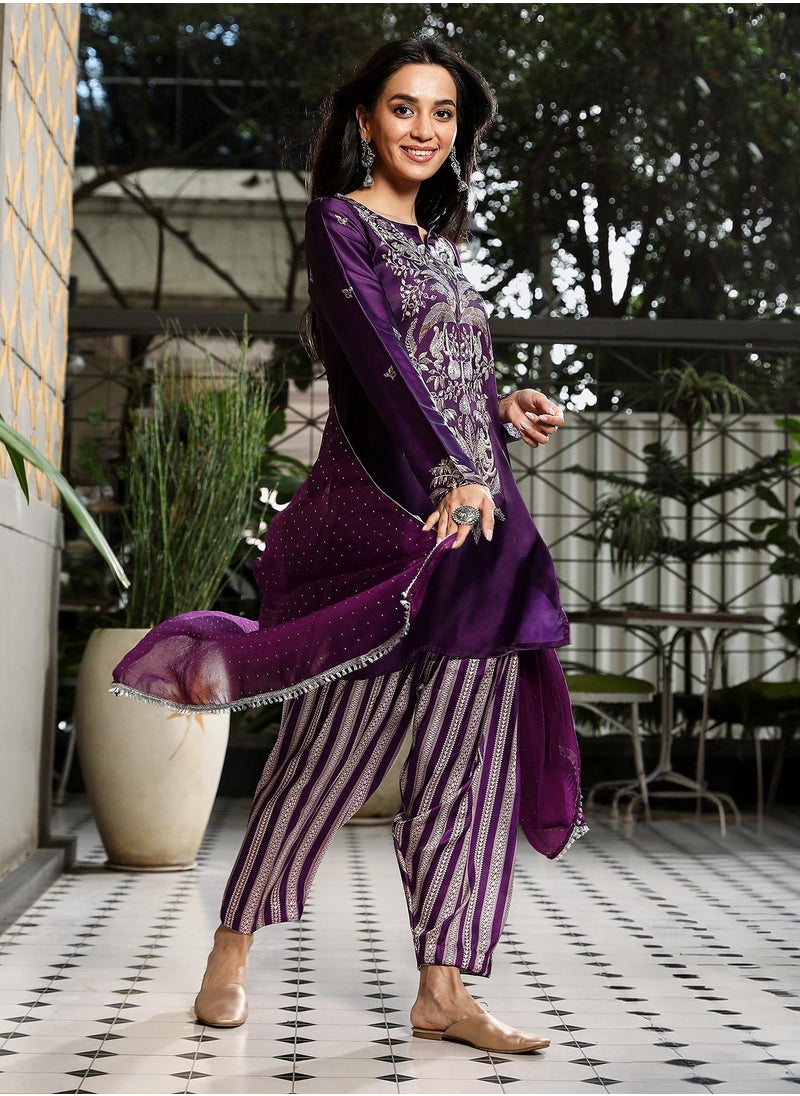 QISSA Qissa Women's Violet Ethnic Wilderness Kurti With Trousers & Dupatta For Casual Wear | Portrait Neck | Long Sleeve | 3 Piece Kurta Set Designed With Comfort Fit For Everyday Ethnic Wear  - Image 1