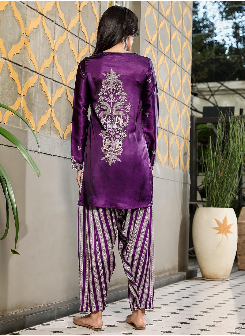 QISSA Qissa Women's Violet Ethnic Wilderness Kurti With Trousers & Dupatta For Casual Wear | Portrait Neck | Long Sleeve | 3 Piece Kurta Set Designed With Comfort Fit For Everyday Ethnic Wear  - Image 4