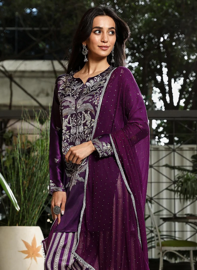 QISSA Qissa Women's Violet Ethnic Wilderness Kurti With Trousers & Dupatta For Casual Wear | Portrait Neck | Long Sleeve | 3 Piece Kurta Set Designed With Comfort Fit For Everyday Ethnic Wear