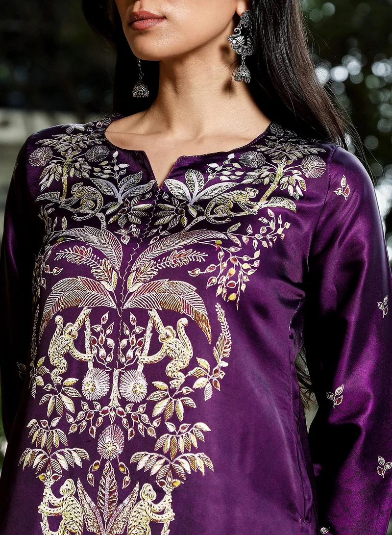 QISSA Qissa Women's Violet Ethnic Wilderness Kurti With Trousers & Dupatta For Casual Wear | Portrait Neck | Long Sleeve | 3 Piece Kurta Set Designed With Comfort Fit For Everyday Ethnic Wear