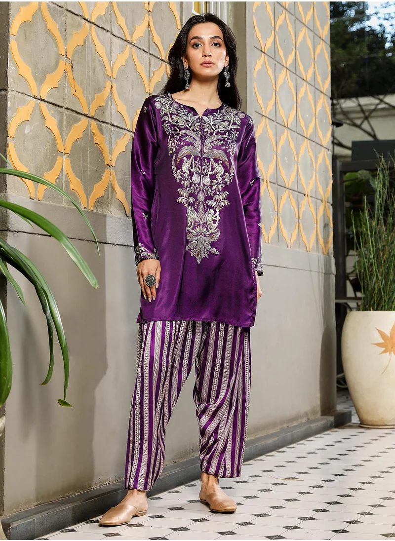 QISSA Women's Violet Ethnic Wilderness Kurti With Trousers & Dupatta