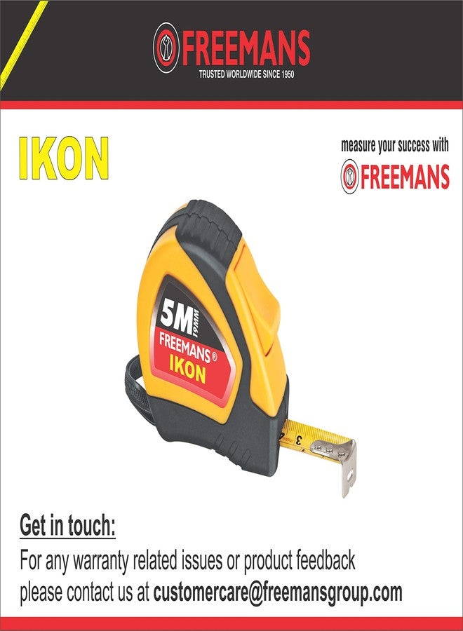 فريمانز شريط قياس FREEMANS من البلاستيك والألومنيوم، طراز Ikon، بطول 5 أمتار وقطر 19 ملم، بالإضافة إلى ميزان تسوية مغناطيسي بطول 30 سم، باللونين الأصفر الذهبي والأحمر. - Image 3