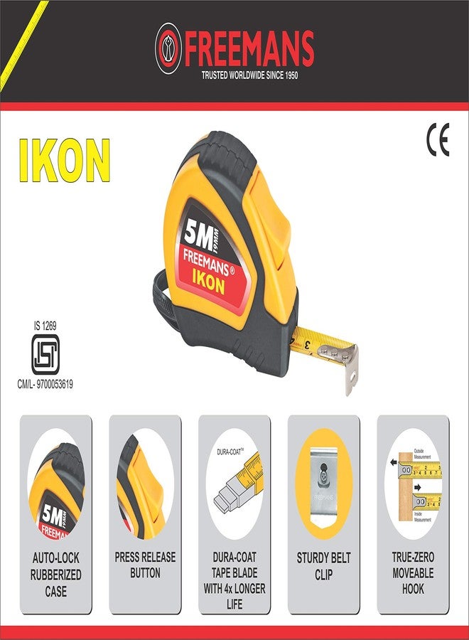 فريمانز شريط قياس FREEMANS من البلاستيك والألومنيوم، طراز Ikon، بطول 5 أمتار وقطر 19 ملم، بالإضافة إلى ميزان تسوية مغناطيسي بطول 30 سم، باللونين الأصفر الذهبي والأحمر. - Image 2