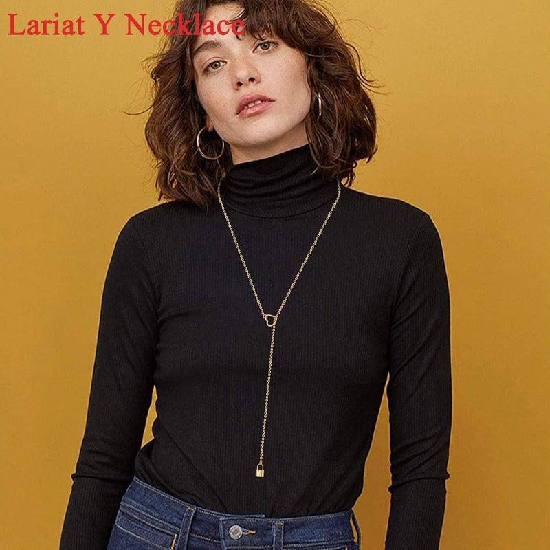 FOCALOOK Lariat Y-Necklaces | Long Necklaces for Women | Long Black Necklaces | Gold Necklaces for Women | Drop Heart Necklaces for Women | Front Adjustable Long Chain Necklace - Image 2