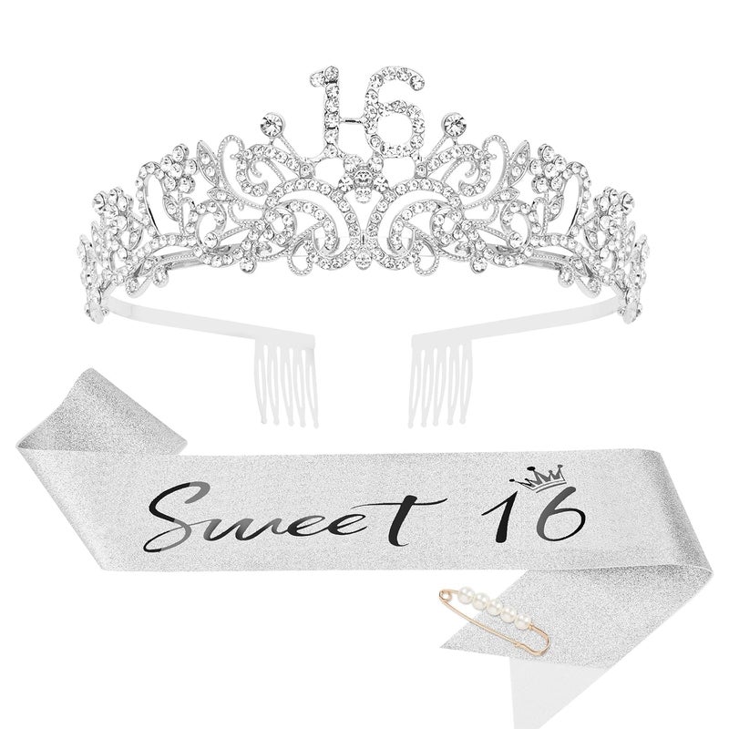 CIEHER Sweet 16 Crown  Sweet 16 Sash  Pearl Pin Set Sweet 16 Birthday Decorations for Girls Sweet Sixteen Gifts 16th Birthday Sash and Crown for Girls Happy 16th Birthday Party Favors