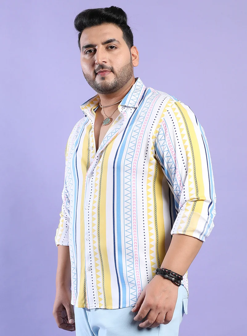 Instafab Plus Instafab Plus Men's Multicolour Geometric Striped Shirt For Casual Wear | Spread Collar | Long Sleeve | Button Closure | Heavy Rayon Shirt Crafted With Comfort Fit For Everyday Wear