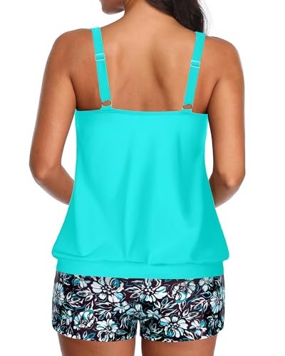Aqua Eve Two Piece Women's Tankini Swimsuits Blouson Swim Tank Top with Shorts Modest Bathing Suits Blue Green Flower M - Image 2
