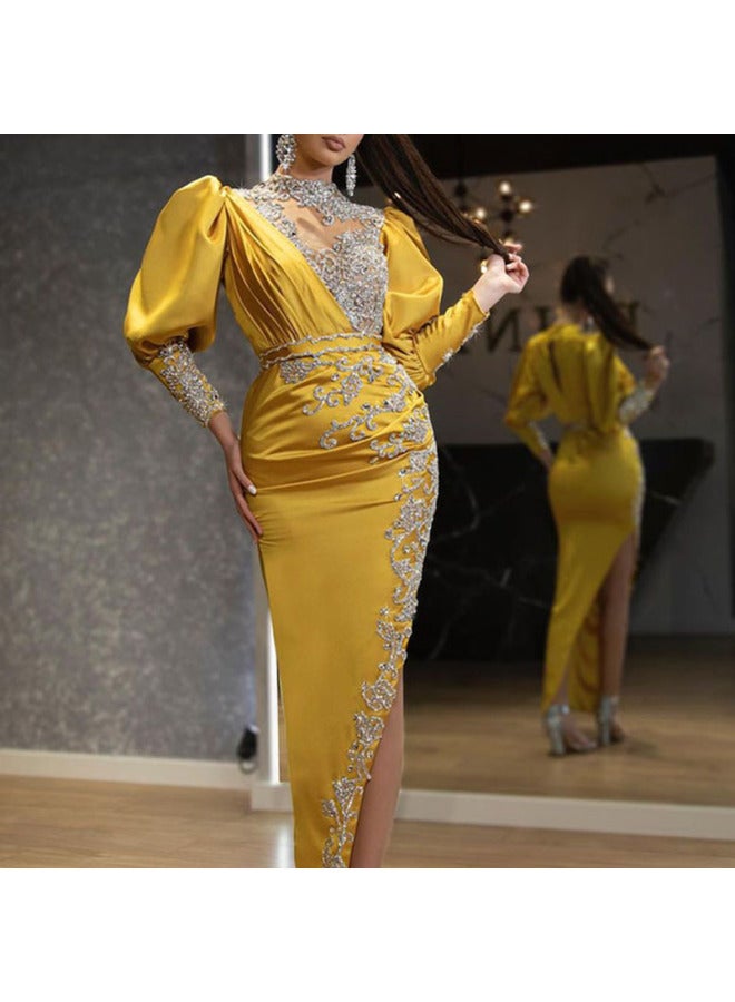 فساتين زفاف نسائية طويلة أنيقة من الساتان الأوروبي والأمريكي المزين برذاذ الذهب لفصل الربيع - فستان سهرة وحفلات بتفاصيل جذابة وذيل أنيق
