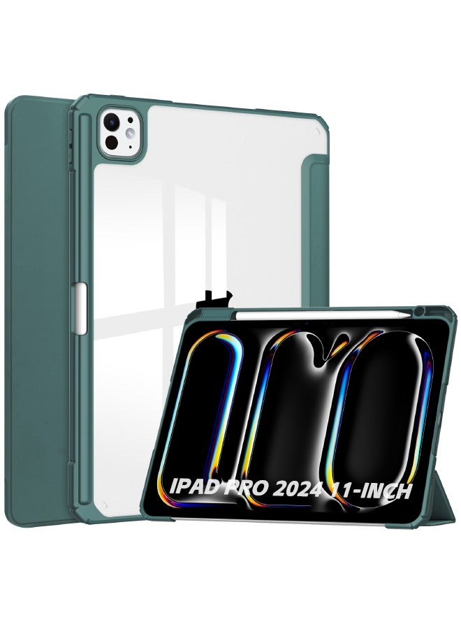 Hybrid Slim Case for iPad Pro (5th Generation) 11-Inch (M4) 2024, Trifold Stand Tablet Case with Apple Pencil Holder, Auto Wake Sleep, Smart Magnetic Cover Clear Acrylic Back Shockproof Cover, Green