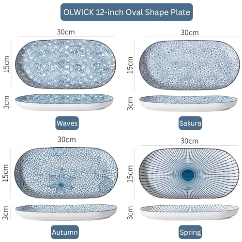 OLWICK® Japanese Style 12-Inch Ceramic Fish Plate – Waves Pattern Sushi Serving Platter, 30x15cm Porcelain Dish for Seafood, Appetizers & Snacks (1 Piece) - Image 3
