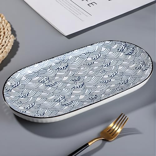 OLWICK® Japanese Style 12-Inch Ceramic Fish Plate – Waves Pattern Sushi Serving Platter, 30x15cm Porcelain Dish for Seafood, Appetizers & Snacks (1 Piece) - Image 1