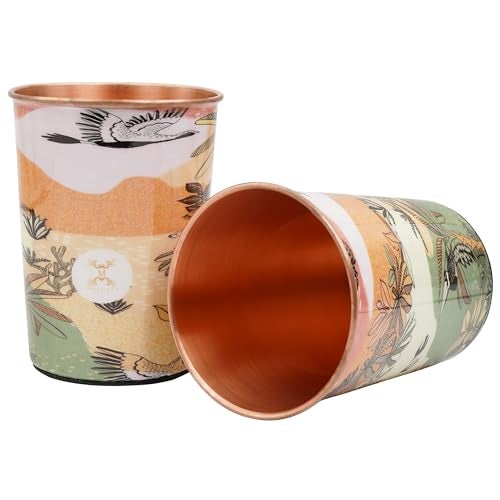 MERCAPE® 100% Pure Copper Glasses Set of 2 | Designer Meena Print | 300ml Each | Ayurvedic Benefits | Handmade Copper Tumblers for Daily Use & Gifting (Multiple Designs) (Japanese Crane Design) - Image 1
