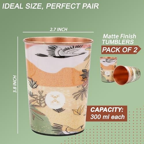 MERCAPE® 100% Pure Copper Glasses Set of 2 | Designer Meena Print | 300ml Each | Ayurvedic Benefits | Handmade Copper Tumblers for Daily Use & Gifting (Multiple Designs) (Japanese Crane Design) - Image 4