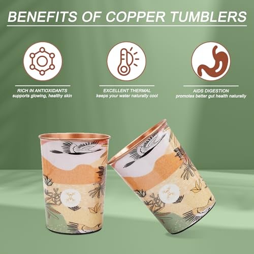 MERCAPE® 100% Pure Copper Glasses Set of 2 | Designer Meena Print | 300ml Each | Ayurvedic Benefits | Handmade Copper Tumblers for Daily Use & Gifting (Multiple Designs) (Japanese Crane Design) - Image 2