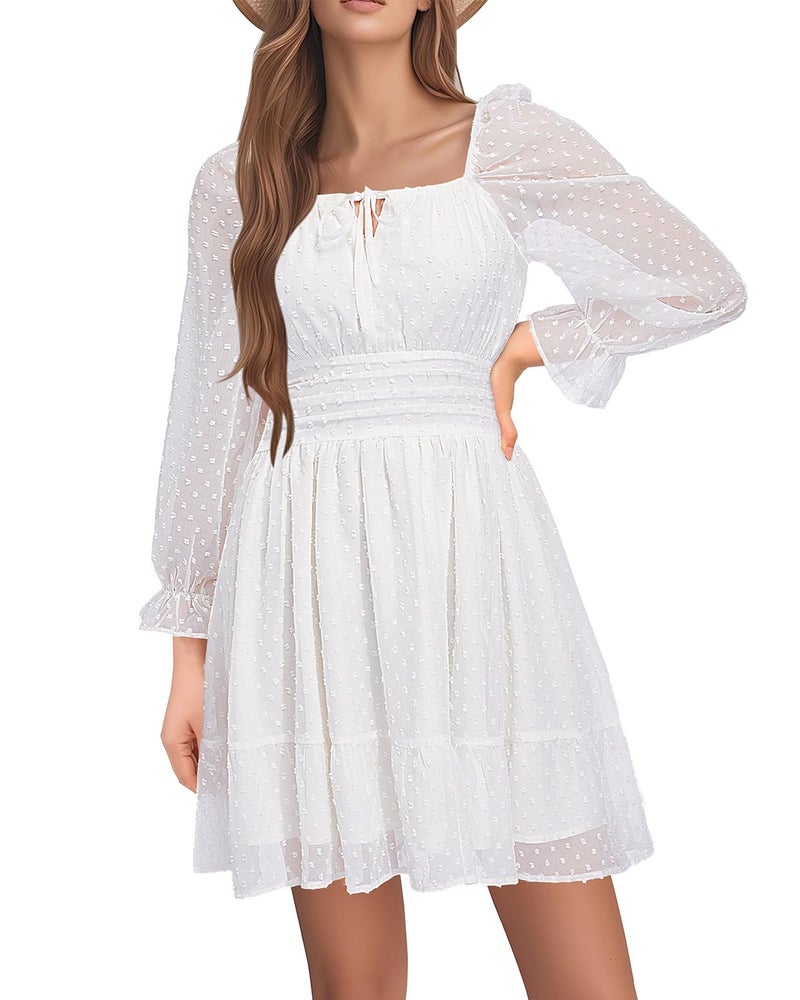 Long Sleeve Dress for Women Graduation Teen Homecoming Tie Back Square Neck Ruffle ALine Casual Short Dresses