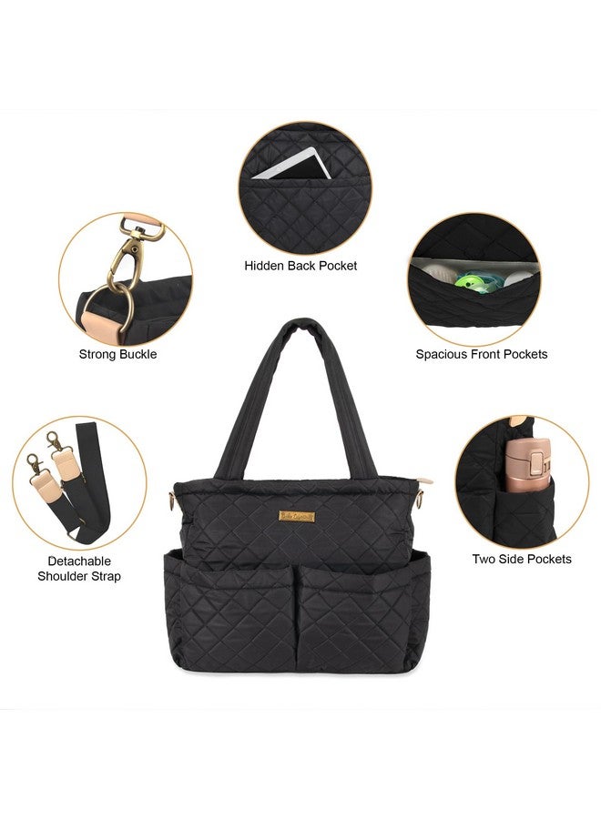 Baby Essentials Quilted Diaper Bag Crossbody Tote Purse with Shoulder Strap, Changing Pad, 10 Organizer Pockets for Twins or Triplets (Black) - Image 4