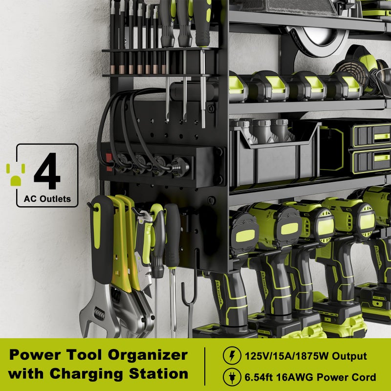 SEEAHEAD 12 Cordless Drill Holder Large Power Tool Organizer Wall Mount with Side Pegboard & Screwdriver Holder, 4-Tier Heavy Duty Metal Tool Storage Rack with 4-Outlet Power Strip - Image 3